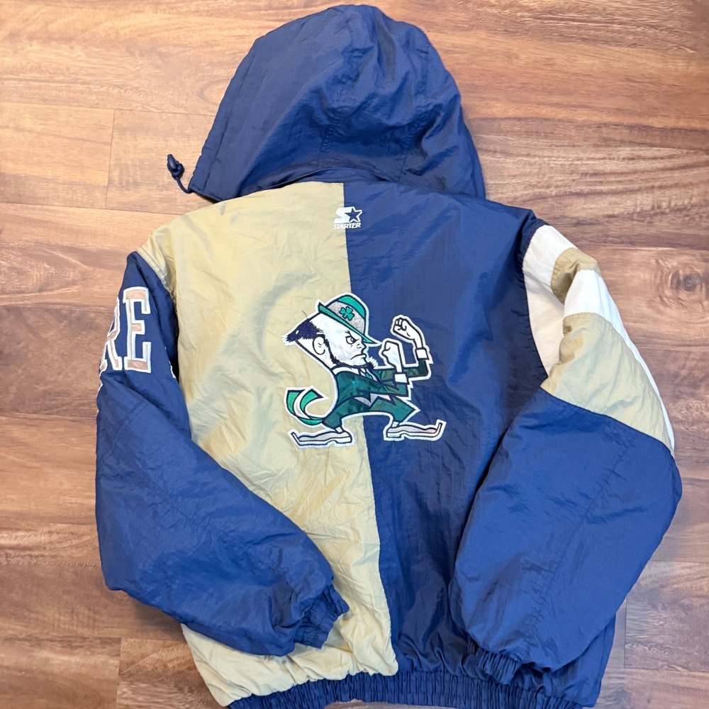 VTG 90s Starter Notre Dame Fighting Irish Puffer Jacket Navy Gold XL - Picture 8 of 10